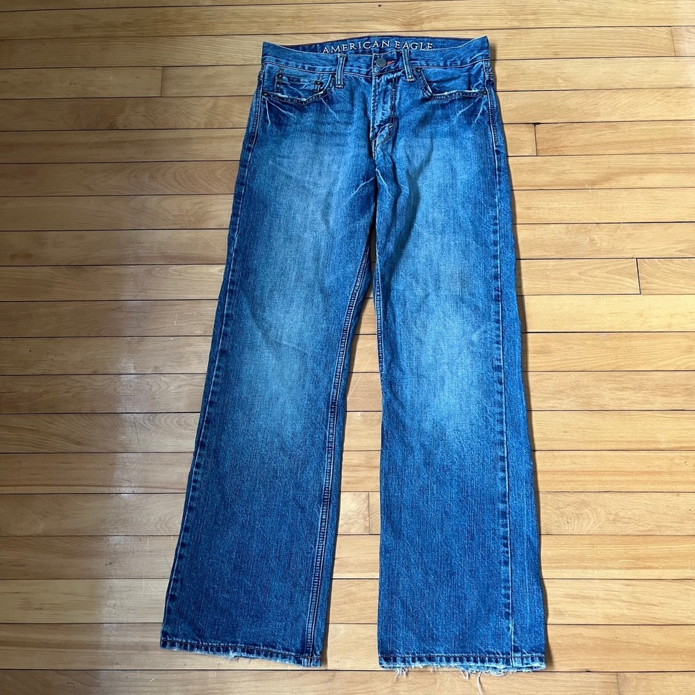 American Eagle Mens 30x32 Bootcut Jeans Medium Wash Distressed Blue Cotton Denim